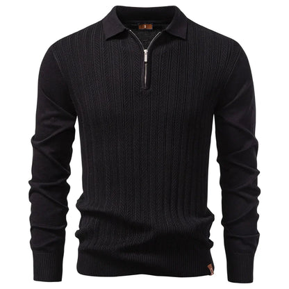 Premium Solid Color Polo Men Slim Fit Zip Long Sleeve Luxury Textured Fabric Business Casual Mens Sweatshirt