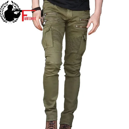 Fashion Fold Men Jeans Stretch Pleated Biker Cargo Jeans Zipper Skinny Slim Fit Trouser Hiphop Punk Multi Pocket Denim Pant Male