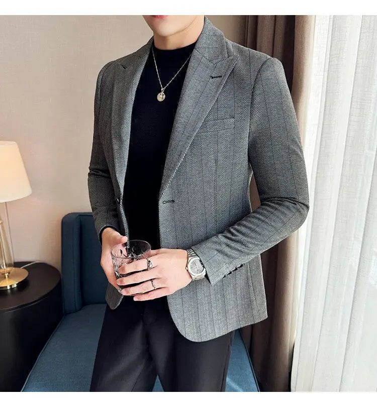 Men's Herringbone Stripe Suit Blazer Classic Lapel Dress Jacket Elegant Slim Fit Fashion Simple Casual Business Prom Suit Jacket