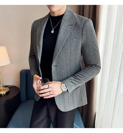 Men's Herringbone Stripe Suit Blazer Classic Lapel Dress Jacket Elegant Slim Fit Fashion Simple Casual Business Prom Suit Jacket