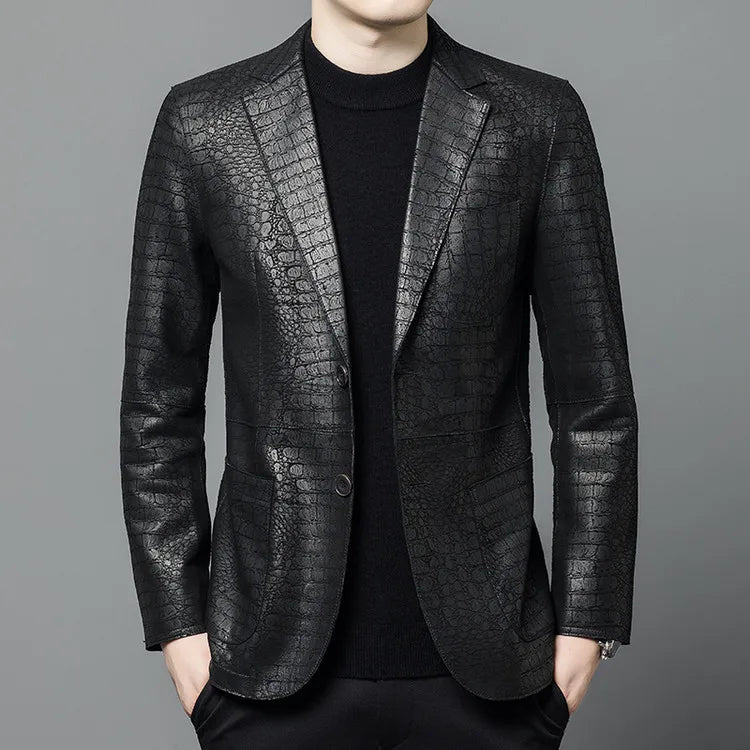 Luxurious Sheepskin Blazers For Men Smooth Casual Leather Jacket Winter Top Quality Leopard Print Slim Gentleman Terno Masculino