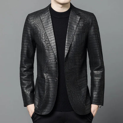 Luxurious Sheepskin Blazers For Men Smooth Casual Leather Jacket Winter Top Quality Leopard Print Slim Gentleman Terno Masculino