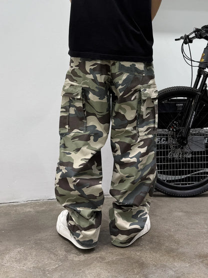 Vintage Camouflage Cargo Pants Men Tactical Multi Pocket Loose Fit Straight Leg Outdoor Casual High Quality Work Pants Trendy