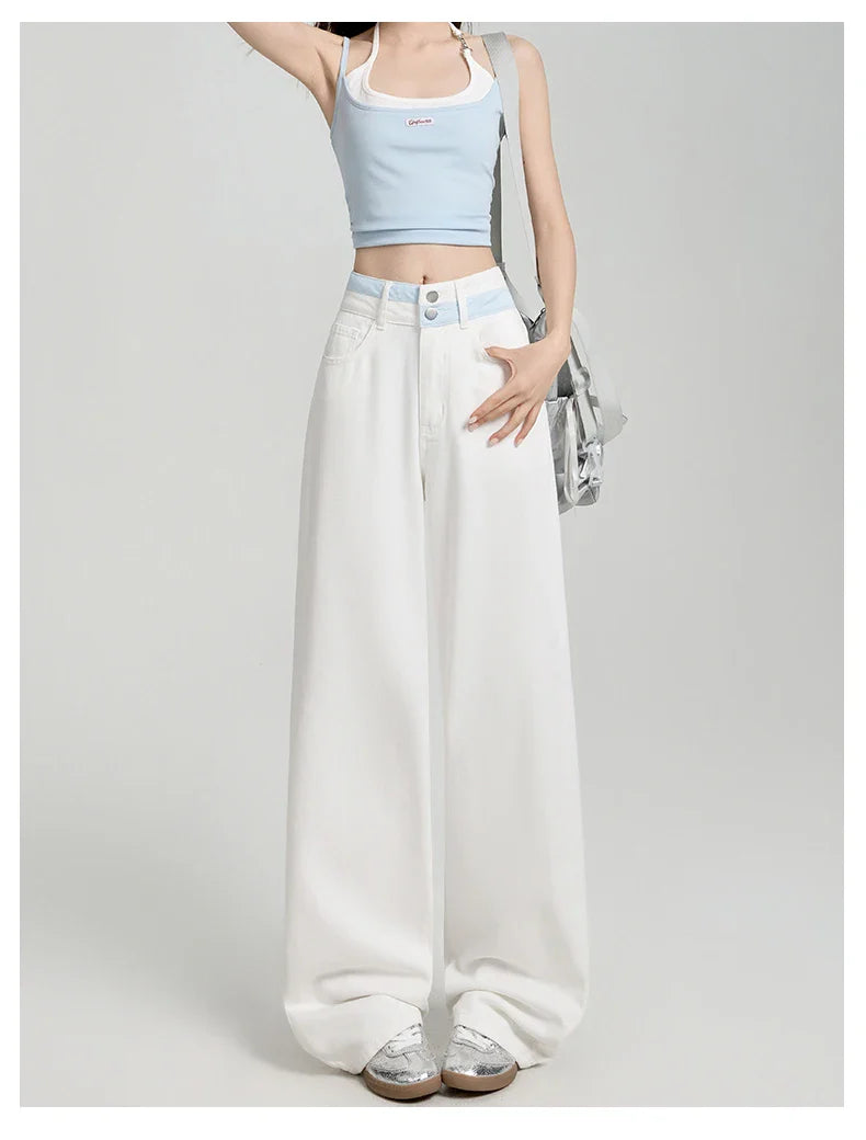 Loose Casual Wide Leg Denim Pants Summer New Thin 100% Cotton Women's High Waist Y2K Contrast Stitching All Match Baggy Jeans