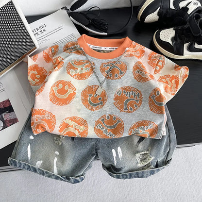 New Toddler Summer Baby Boys Clothes Children Circular Smiley Face T-Shirt +Denim Shorts 2Pcs/Set Infant Kids Fashion Tracksuits