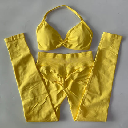 2 Pieces Set For Woman Strappy Yoga Bra Sports Top Workout Leggings Set Seamless Gym Set Fitness Clothes Outfit Activewear