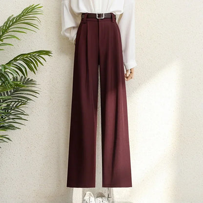 2026 New Burgundy Suits Pants for Women Office Lady Elegant High Waist Wide Leg Fashion Trousers with Pockets Black Gray