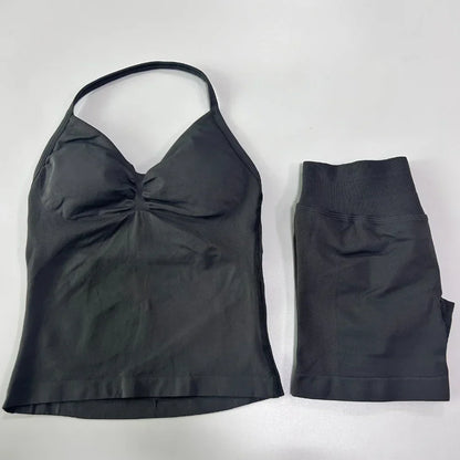 No Logo 2 Pieces Sports Set Workout Clothes Shorts Sets Gym Strappy Top Scrunch Shorts Yoga Clothing Gym Set