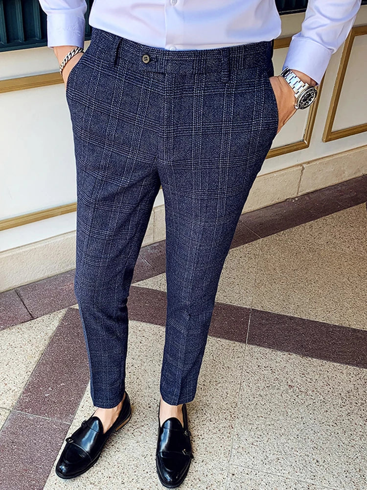 Boutique Classic Plaid and Striped Fashion Men's Casual Business Slim Suit Pants Groom Wedding Dress Trousers Party