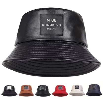 Unisex N86 Label Personality Pu Leather Bucket Hats Fishermen Caps Outdoor Casual Cap Sunscreen Hat