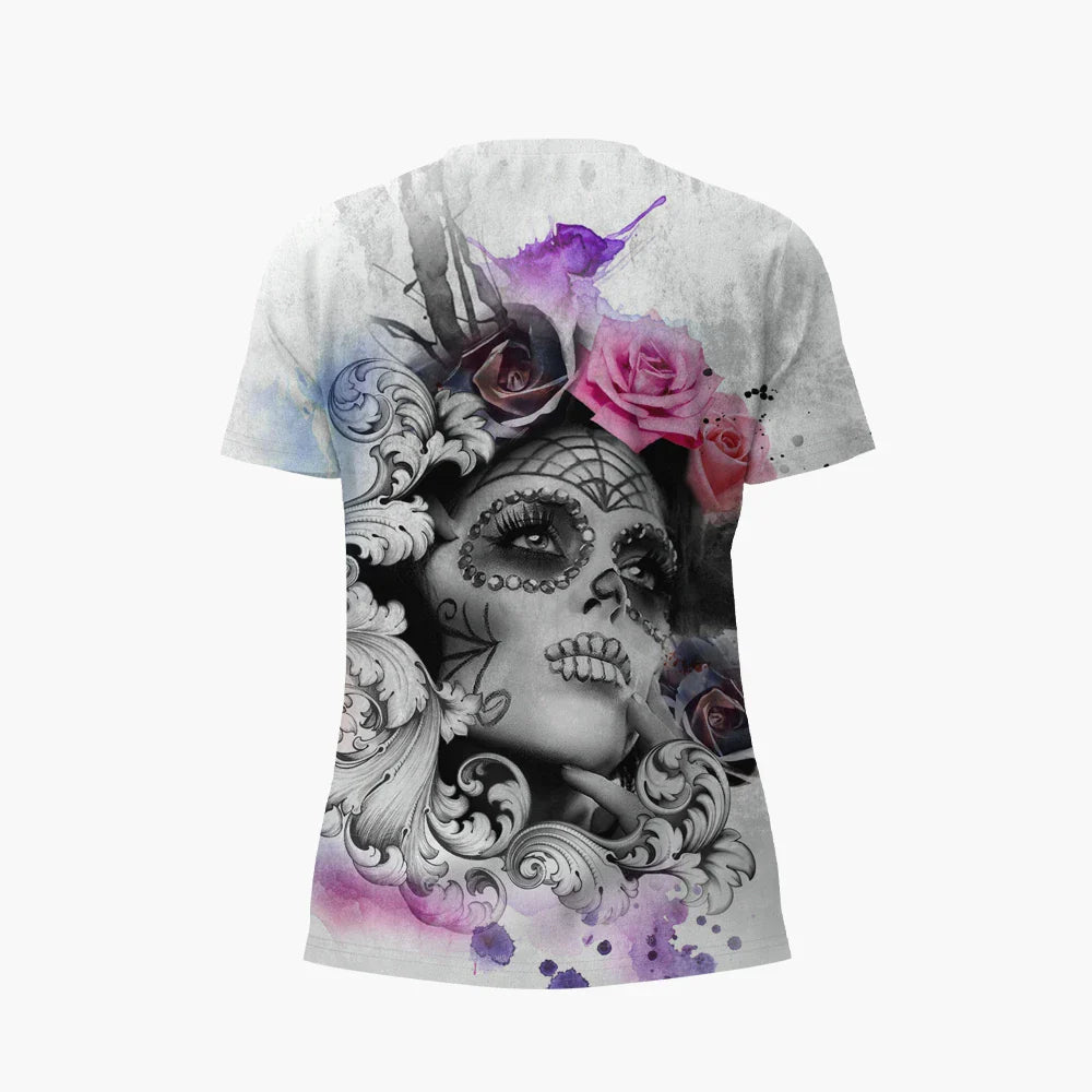 Skulls T-shirt Women's Shirt Fashion Short Sleeve New Casual Top Tee Ladies Girl Clothing V Neck T Shirt For Women