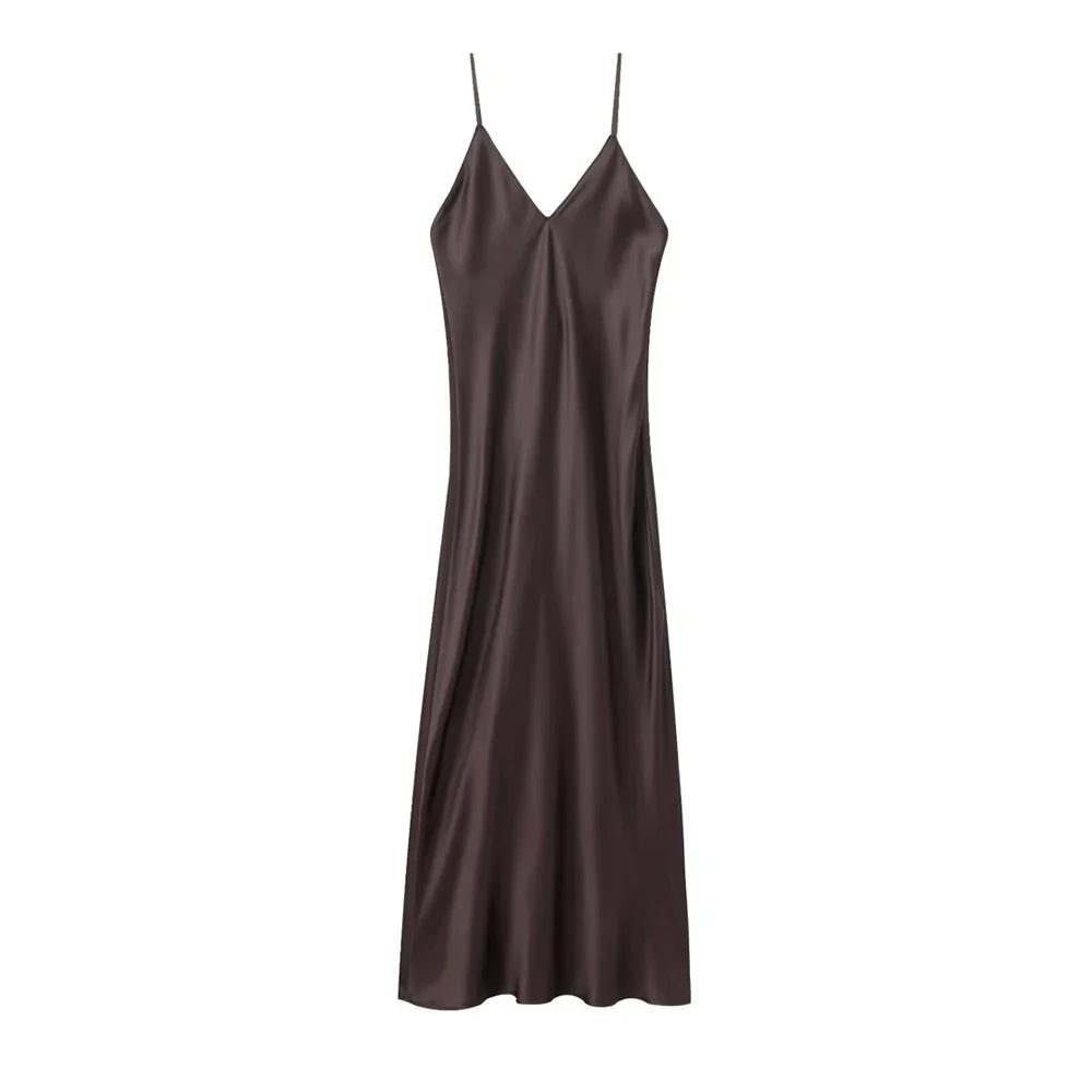 Women's Satin Midi Dress, V Neck, Thin Straps, Backless, Female Dresses, Sexy Fashion