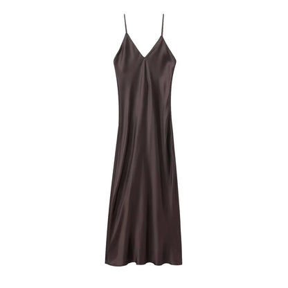 Women's Satin Midi Dress, V Neck, Thin Straps, Backless, Female Dresses, Sexy Fashion
