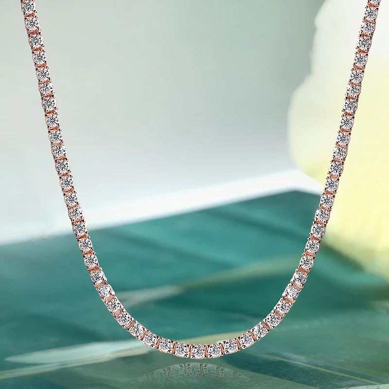S925 Silver Plated 18k Rose Gold All Moissanite Tennis Necklace D VVS1 2/2.5/3/4/5mm Pass Diamond Test Neck Chain Woman Man