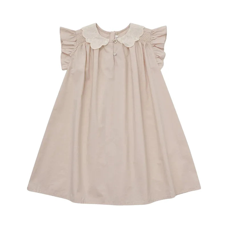 Summer LOU Girls' Printed Cotton Dress Short-Sleeved Handmade Embroidered Wide-Necked Children's Holiday Dress