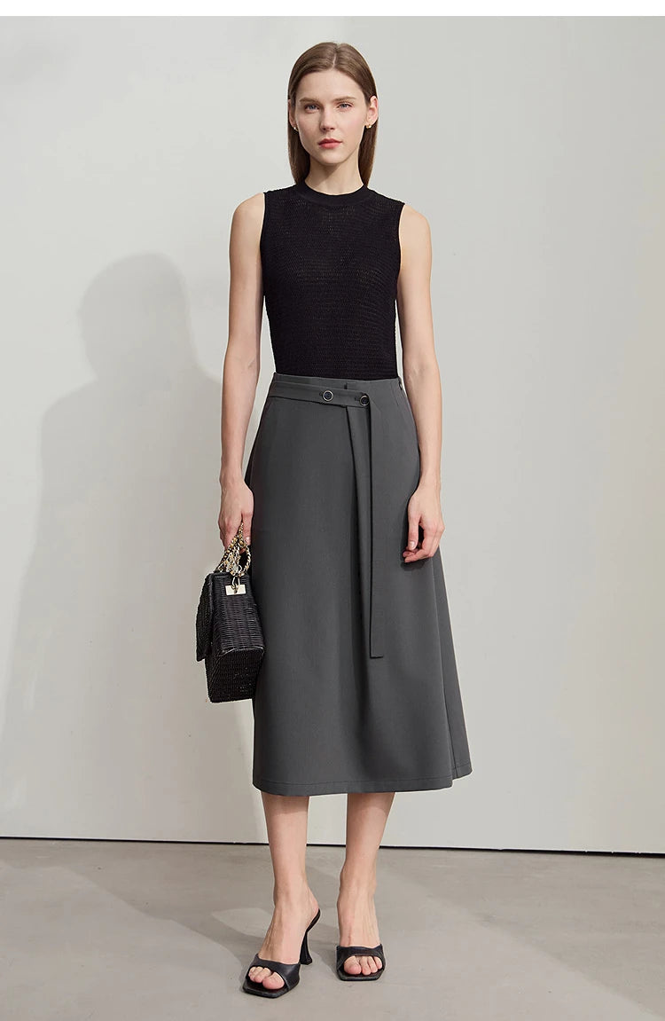Minimalist Knee length Skirt Women Pleated A-line Loose Dress Elegant Commuting Style Belt Decoration Skirts 12522074