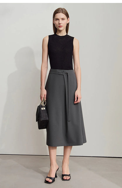 Minimalist Knee length Skirt Women Pleated A-line Loose Dress Elegant Commuting Style Belt Decoration Skirts 12522074