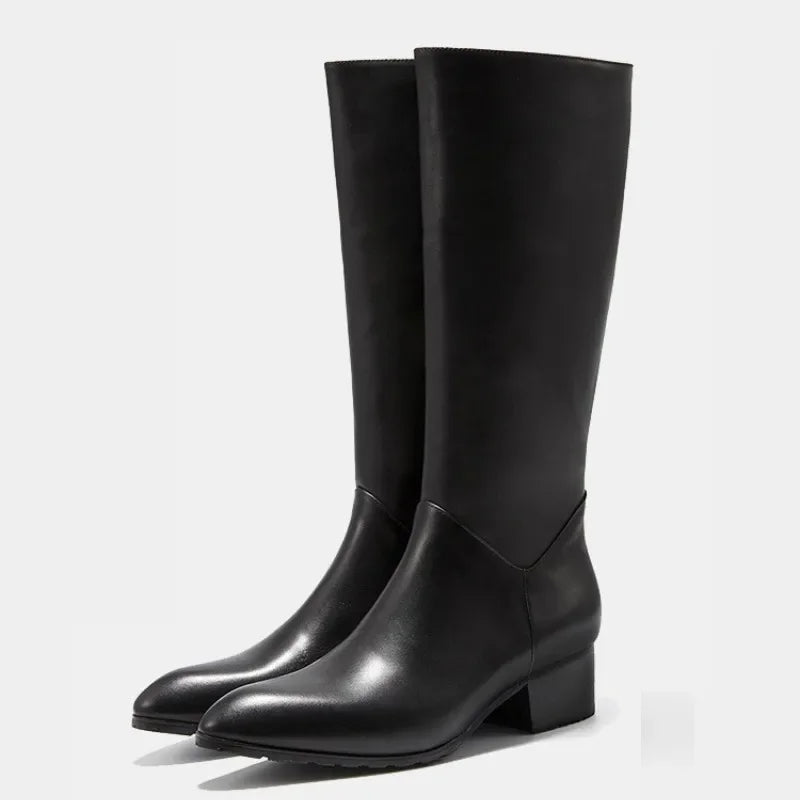 Italian Classic Men's Knee High Boots 5 Cm Heels Luxury Genuine Leather Comfortable Winter Warm Black Business Shoes Boots Man