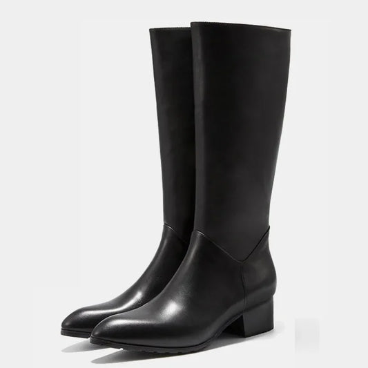 Italian Classic Men's Knee High Boots 5 Cm Heels Luxury Genuine Leather Comfortable Winter Warm Black Business Shoes Boots Man