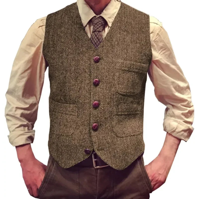 Herringbone Men Vest Dark Green Tweed Slim Casual Business Waistcoat For Wedding Party Banquet Work Prom Set Men Suit