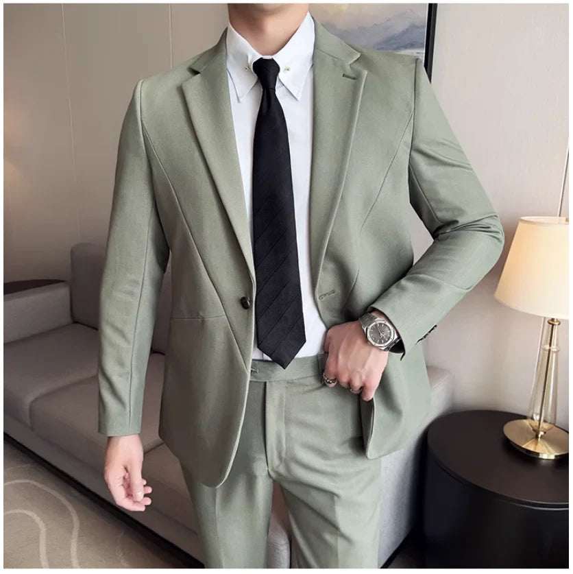 (Jacket+Pant) New Men Pure Color Business Social Wedding Party Suit Fashion Male Banquet Party Slim Fit Dress Blazer and Trouser