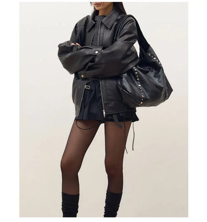 Rivet Women Shoulder Bag Large Capacity Versatile New Soft PU Single Shoulder Underarm Bag Casual Commuting Tote Black Handbag