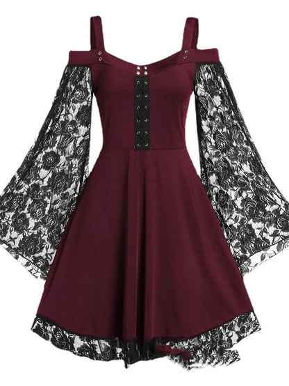 2022 New Gothic One-shoulder Lace Stitching Flared Sleeve Dress Literary Vintage Autumn Grunge Black A-line Dress Punk Partywear