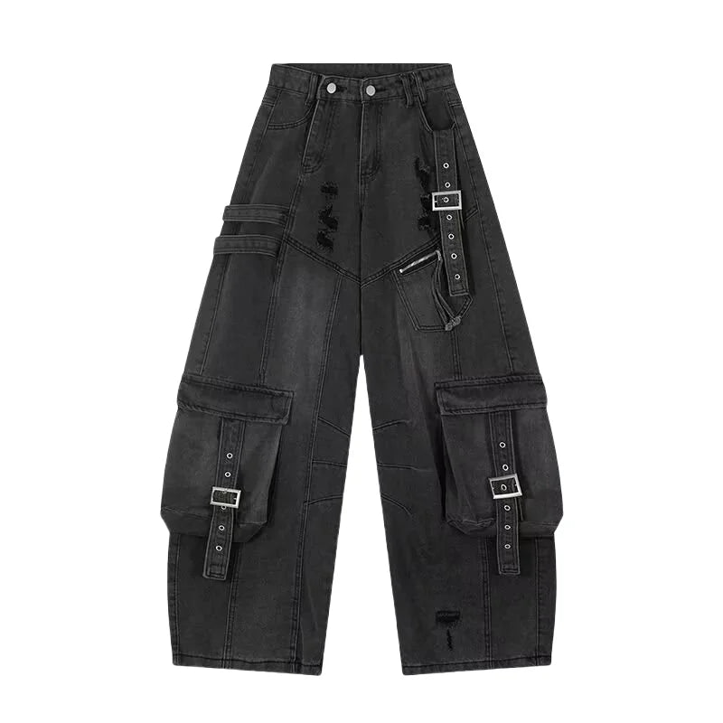 2025 Cyber Y2K Streetwear Washed Blue Baggy Ripped Cargo Jeans Pants For Men Clothing Wide Leg Vintage Loose Punk Denim Trousers