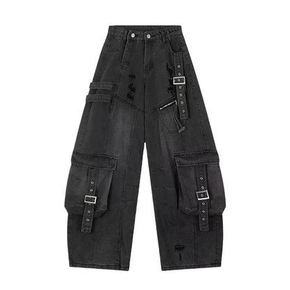 2025 Cyber Y2K Streetwear Washed Blue Baggy Ripped Cargo Jeans Pants For Men Clothing Wide Leg Vintage Loose Punk Denim Trousers