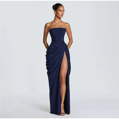 Lady Sexy Strapless Split Solid Pleated Dress Women Chic Backless High Waist Off-shoulder Dresses 2026 New Evening Party Gowns
