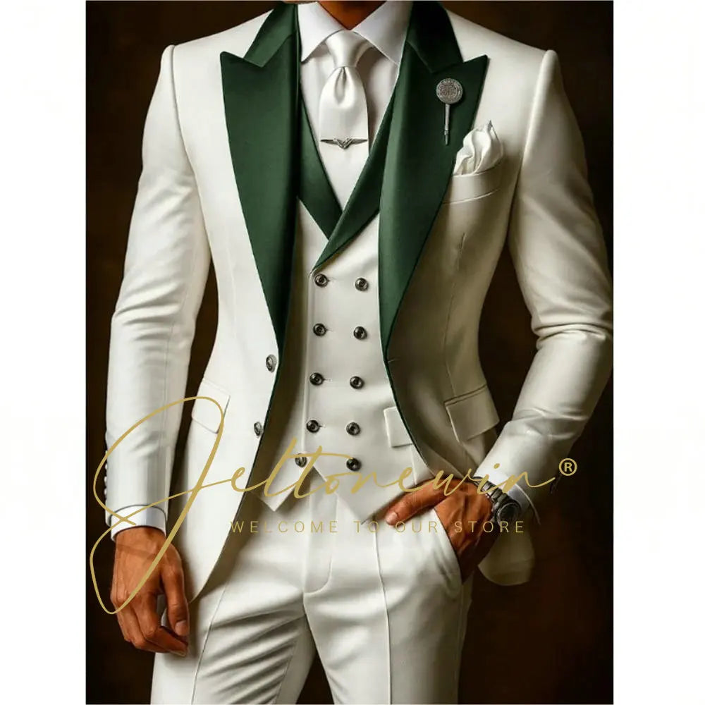 White Suits Set For Men Wedding Party Fashion Blazer Vest Pants Formal Groomsmen Tailor-made Male High Quality Groom Tuxedos