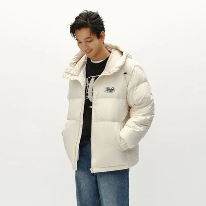 Down Jacket Men Winter 80% Down Fill Loose Hooded Outerwear Textured Street Trendy Letter Printed Top Men'S Clothing