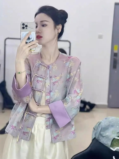 Print Top 2024 New Chinese Style Women's Purple Youth Edition Short Stand Collar Button Coat Women's Spring Autumn Style Elegant