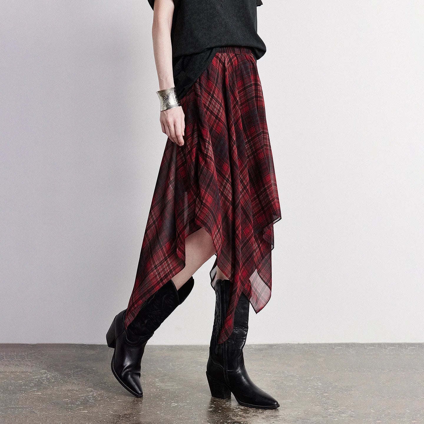Women Chiffon Print Skirt 2026 Summer New Boho Retro Plaid Asymmetric Elastic Waist