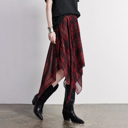 Women Chiffon Print Skirt 2026 Summer New Boho Retro Plaid Asymmetric Elastic Waist
