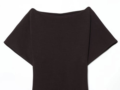 2026 Women Summer Fashion Solid Midi Dress Side Zipper Pleated Woman Ship-type Short Sleeved Stitching Holiday Party Dress