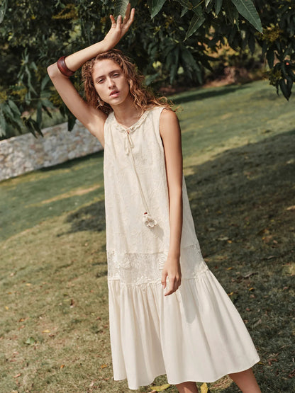 Stylish Patchwork Embroidered Sleeveless Midi Dresses for Women New Summer Beach Holiday Style Cotton