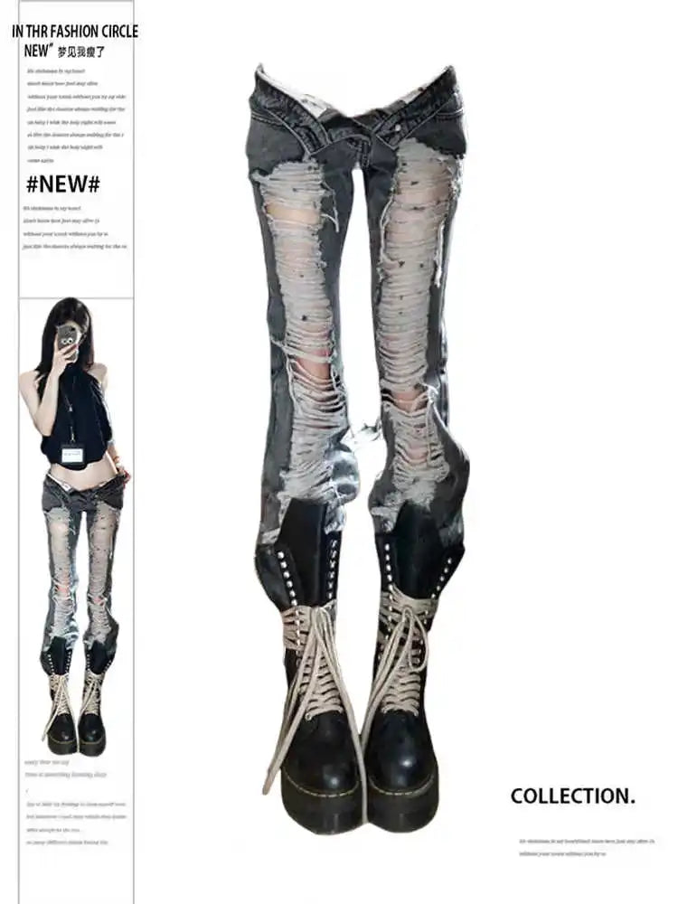 Women Goblin Core Harajuku Abi Y2K Flare Denim Pants Cyber Punk Long Trousers Slim Grunge Goth Baddie Trumpet Pants Y2k Japanese