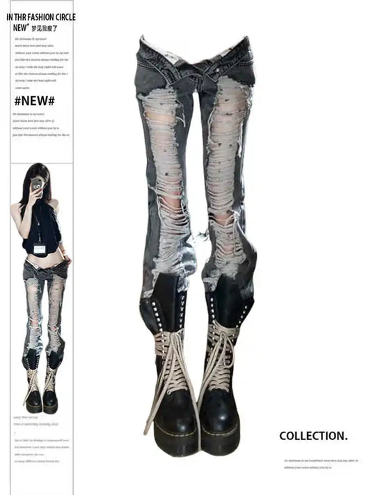 Women Goblin Core Harajuku Abi Y2K Flare Denim Pants Cyber Punk Long Trousers Slim Grunge Goth Baddie Trumpet Pants Y2k Japanese
