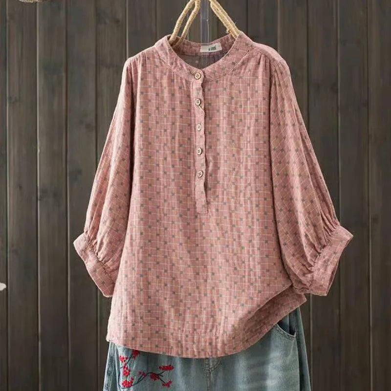 Women's blouse women Japanese cotton yarn print shirts & blouses summer top three-quarter sleeve shirt women's clothing