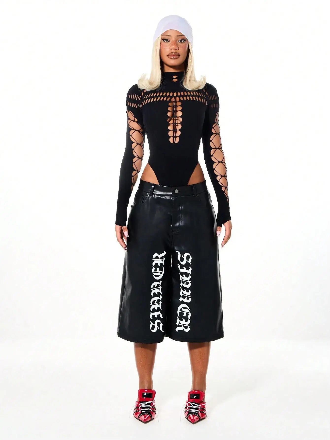 Summer Women's Y2K Sexy Bodysuit High Neck Bodycon Front Cutout & Lace-up Mesh Sleeve Stretchy Edggy Clubwear Streetwear
