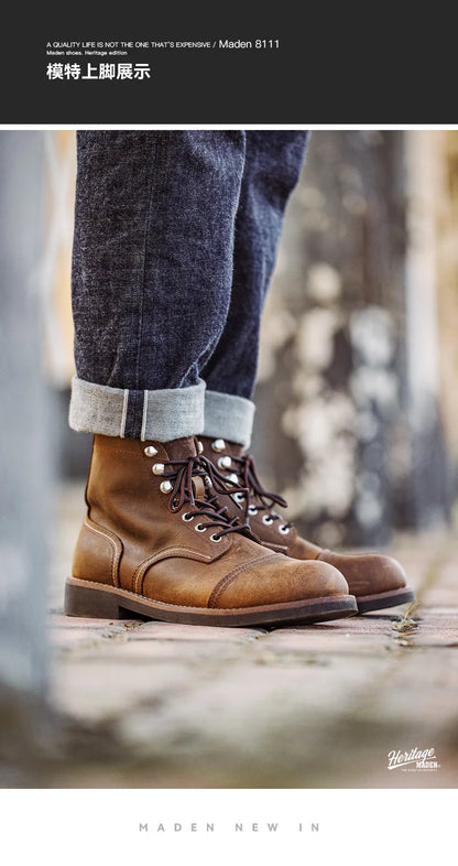 Full-Grain Leather 8111 Ankle Boots Retro Genuine Leather Paratrooper Motorcycle Boots for Men's Fall Winter Casual Shoes
