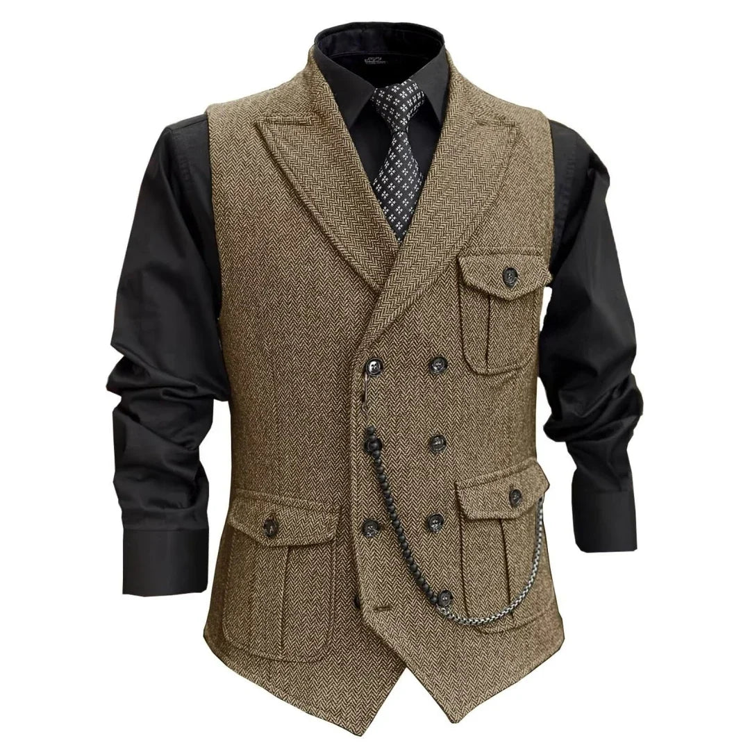 Men Vest GrayHerringbone Double Button With Pocket Waistcoat For Wedding Party Banquet Business Casual Daily Work Men Suit Vest