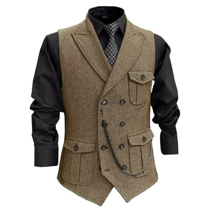 Men Vest GrayHerringbone Double Button With Pocket Waistcoat For Wedding Party Banquet Business Casual Daily Work Men Suit Vest
