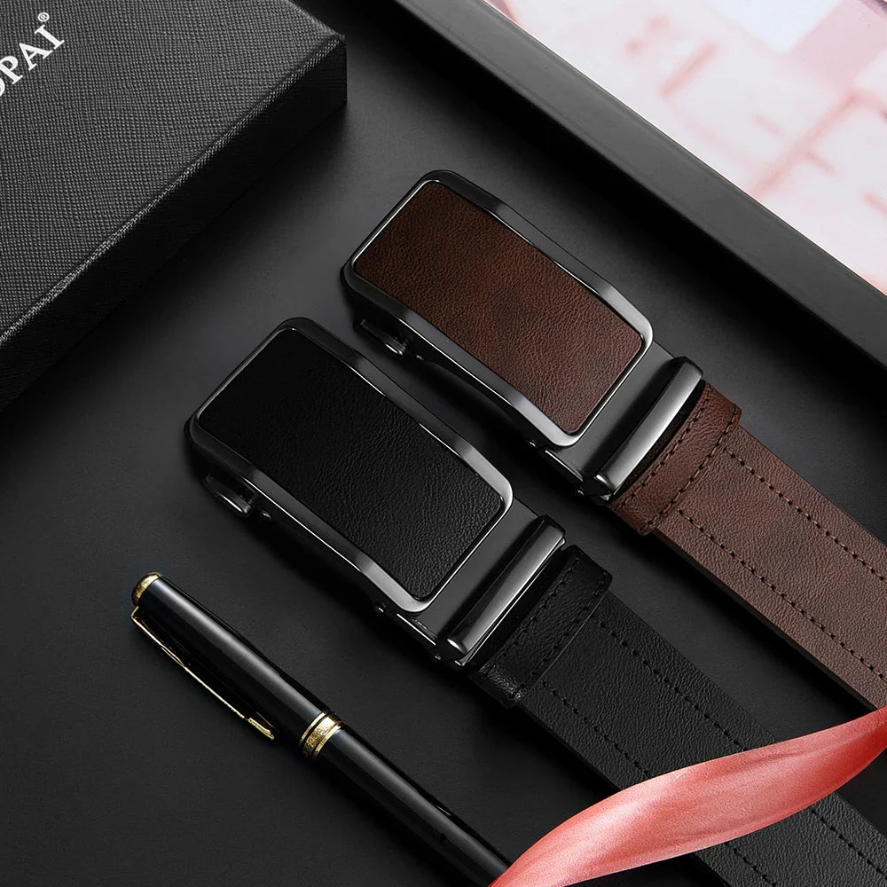 Men's Leather Belt Men's High-quality Business Belt Automatic Buckle Fashionable Ratchet Belt Can Be Adjusted Freely 2PCS