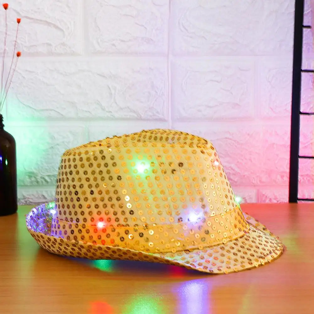 Stage Performance Flashing Light Up Led Fedora Trilby Jazz Hat Panama Cap Sequin