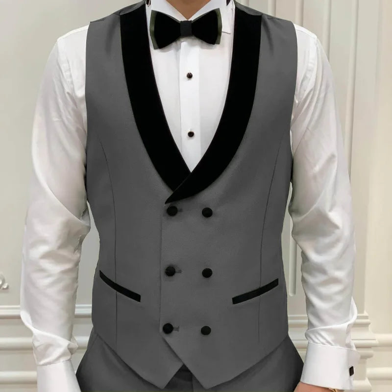 Men Vest Gray Double Button With Black Lapel Waistcoat Suit Fit Wedding Birthday Banquet Party Business Work Tuxedo Men Suit