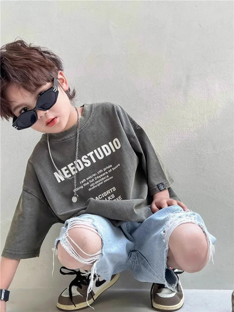 2026 New Boys' Summer 100% Cotton Streetwear Short Sleeve T Shirt Casual Half Sleeve Clothing
