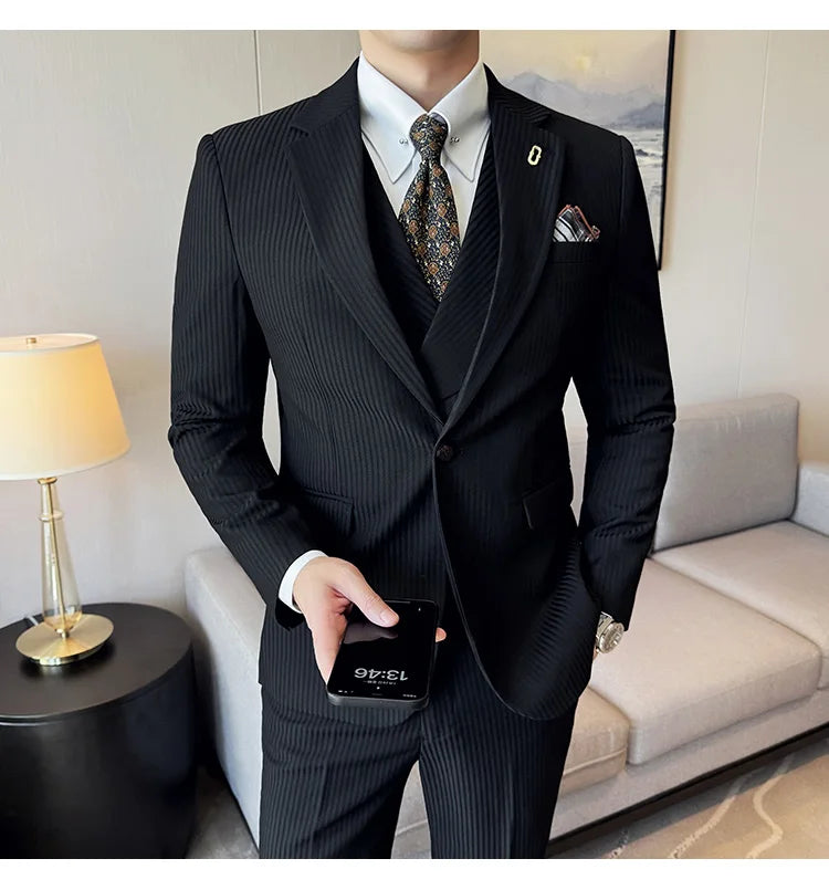 Luxury Stripe Men Suit Korean Version Fashion Elegant Slim Fit Tuxedo Formal Groom Wedding Social Suits