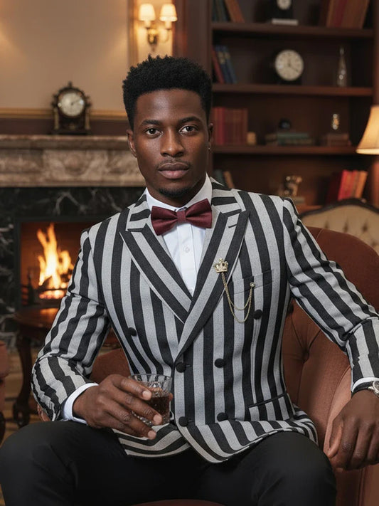 High Quality Party Outfit Men's Suits Fashion Striped Evening Gown Double Breasted Slim Fit 2 Piece Set Jacket+Pants